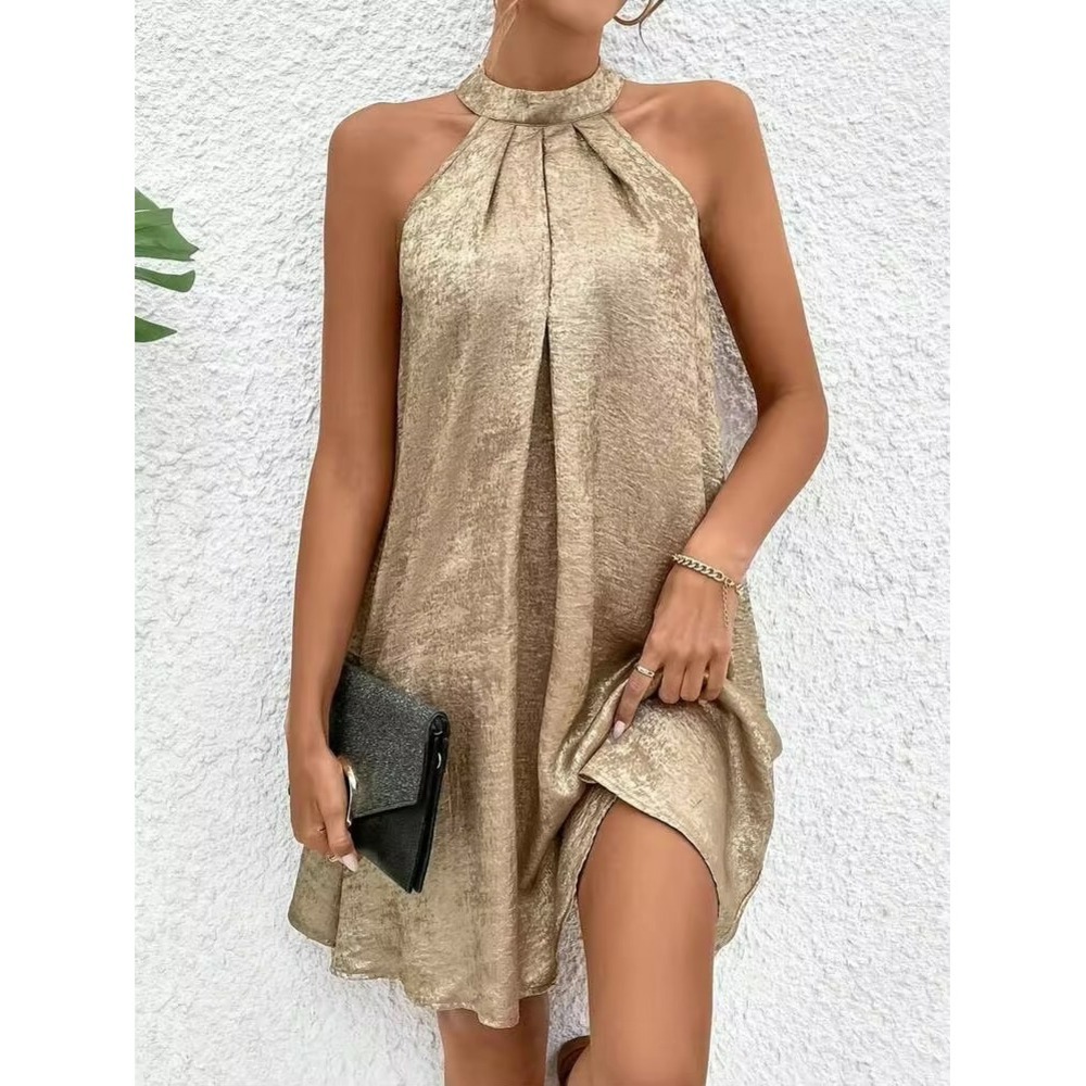 Shein Gold Metallic Halter Pleated Neck Trapeze Mini Dress 2XL 16 NWOT